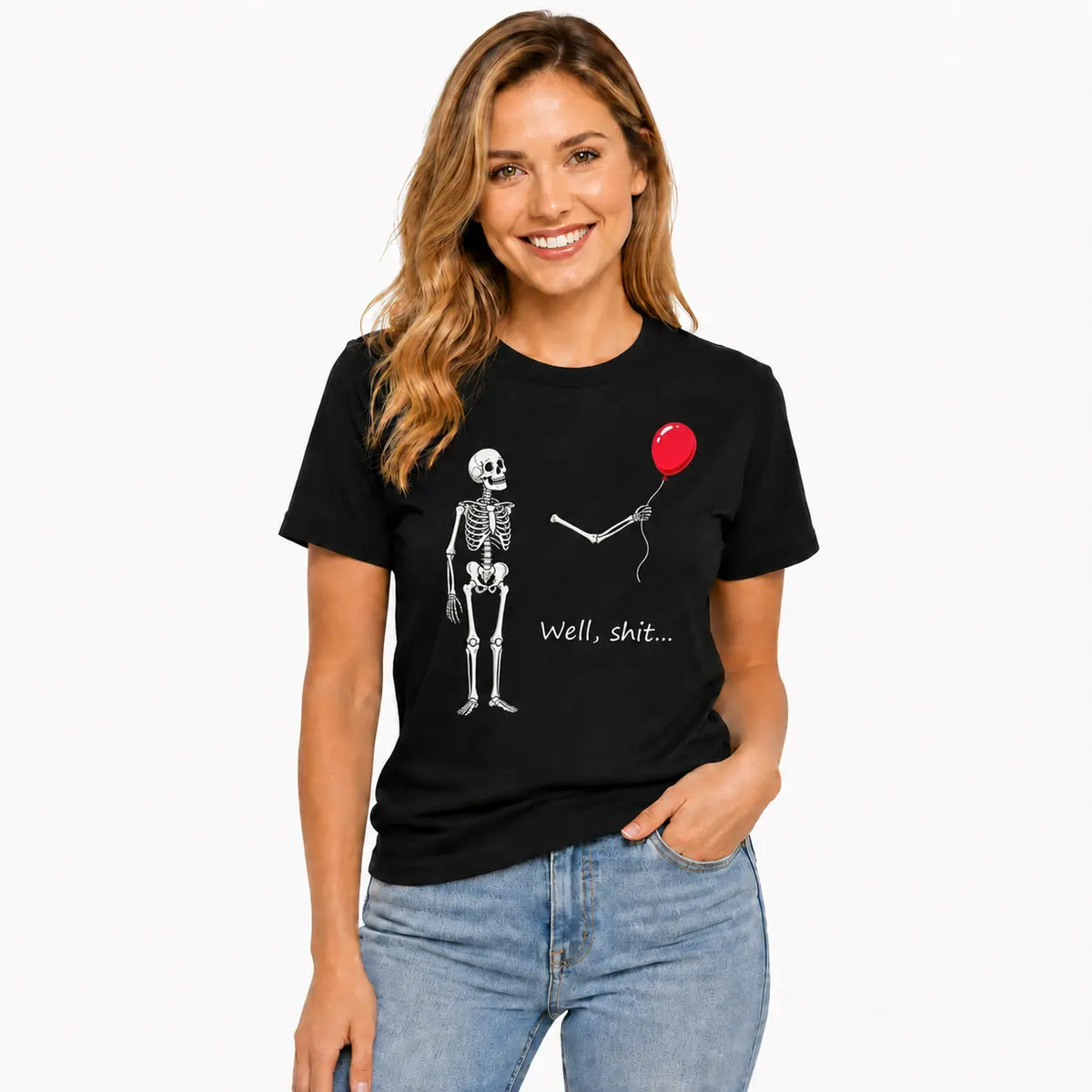 Funny Skeleton Balloon Shirt, Dark Humor Graphic Tee, Halloween Style Black Short Sleeve Cotton Blend Top, Skeleton Gift Shirt