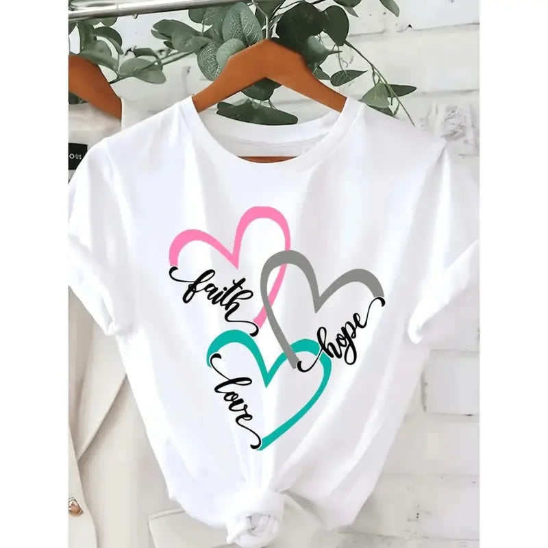 Women's Graphic T-Shirt - Faith Love Hope Graphic Print, Fabric, Retro Casual Oversized Short-Sleeve Top