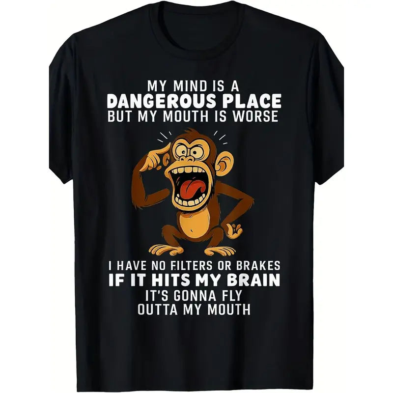 Men's 100% Cotton Stretchy Casual Short Sleeve Round Neck Tshirt - Tailored Fit, Funny Slogan "My Mind Is a Dangerous Place" Monkey Graphic Print, Streetwear (2XL,3XL) for Boyfriends, Office Wear Pair with Pants