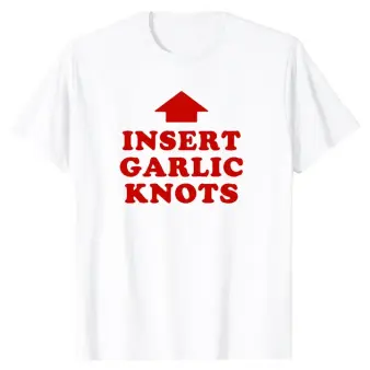 T-Shirt Featuring Red "INSERT CHEESY BREAD" Lettering and Red Arrow Design