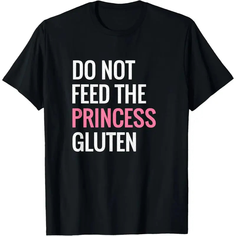 Men's 100% Cotton Fitted Short Sleeve Crew Neck Slogan Graphic T-Shirt - "Do Not Feed The Princess Gluten" Funny Letters Print, Stretchy Pull-On Office Top, Machine Washable, Do Not Bleach, Anniversary Gift, 2XL, 3XL, All-Season Fabric