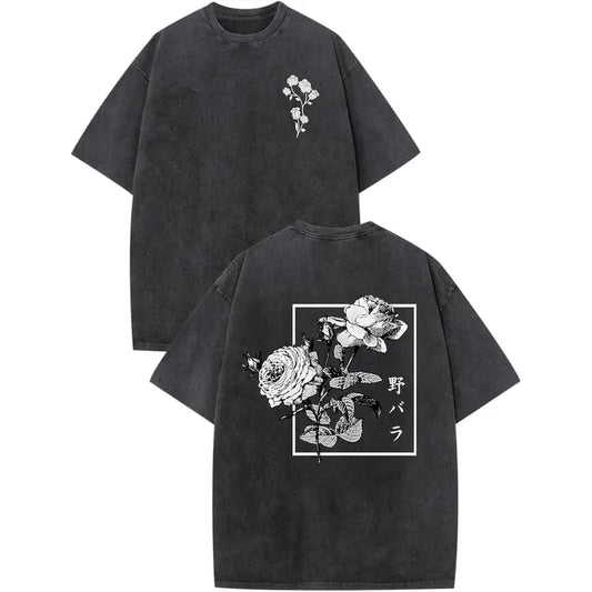 Japanese Graphic Tees for Men Harajuku Rose Flower Floral Shirts Cool Vintage Oversized Streetwear Acid Wash Tops Men's and women's T-shirts: Unisex cotton T-shirts: Unique gift T-shirts