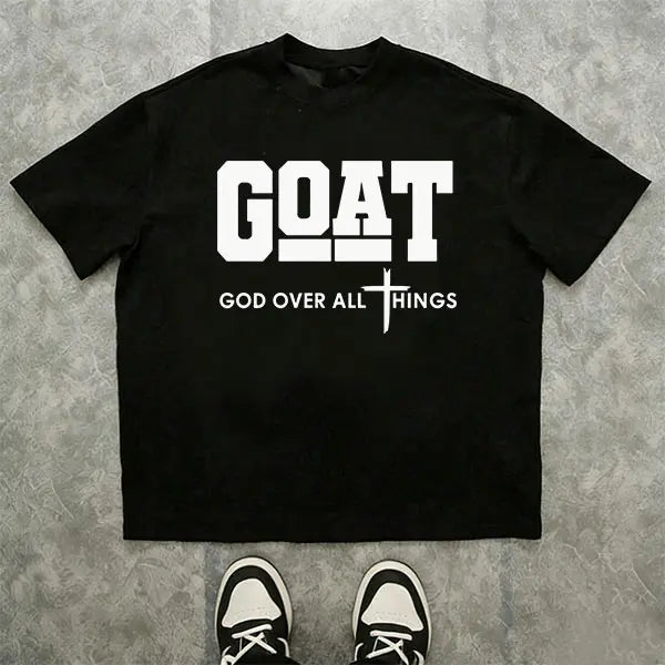 Men's "God Over All" Cotton Graphic T-Shirt - 100% Cotton, Breathable Loose Short-Sleeve Round Neck, Urban Faith Trendy Graphic Shirts, Everyday Outdoor Casual Clothes Products, Christian Apparel, Spring Gift for Him, Streetwear Top, Men's Shirts Graphic