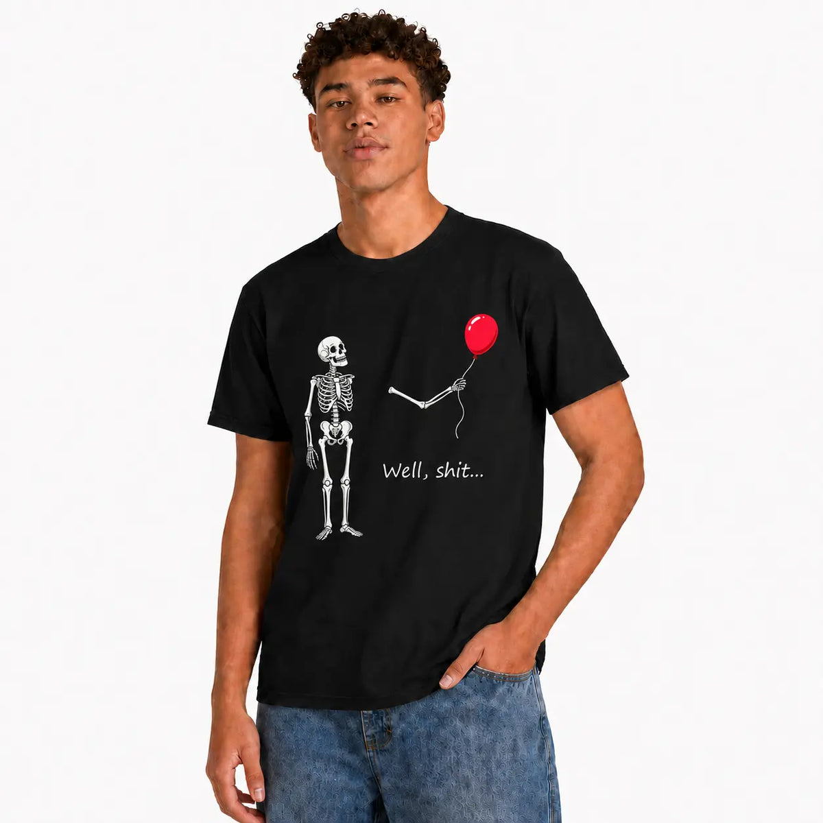 Funny Skeleton Balloon Shirt, Dark Humor Graphic Tee, Halloween Style Black Short Sleeve Cotton Blend Top, Skeleton Gift Shirt