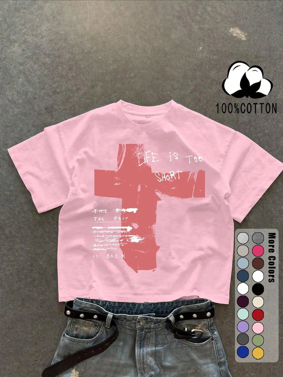 Unisex 100% Cotton Short Sleeve Round Neck T-Shirt, Cross Graffiti Print, Y2K Dark Gothic Street Style, Streetwear, Casual Daily Wear, Loose-Fitting, Long Length, Aesthetic
