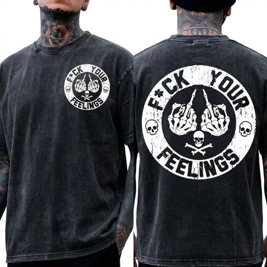 Men's "F*ck Your Feelings" Skull Graphic T-Shirt, Short-Sleeve Round Neck Loose Menswear, Bold Statement Limited Edition Fashion Streetwear Casual Angel Tee tiktokshopspringglowup,summervibes Cotton Tops Black Crewneck Tropical