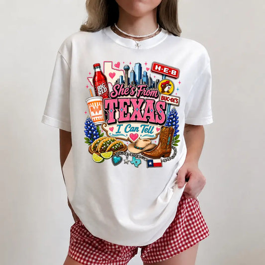 Vintage She's From Texas I Can Tell Big Red Shirt Retro Western Shir Shirt Game Day Shirt Full Colors Casual Short Sleeve Crew Neck Top texas apparel western style game day fan gear full color print retro graphic tee Everyday Printed Womenswear