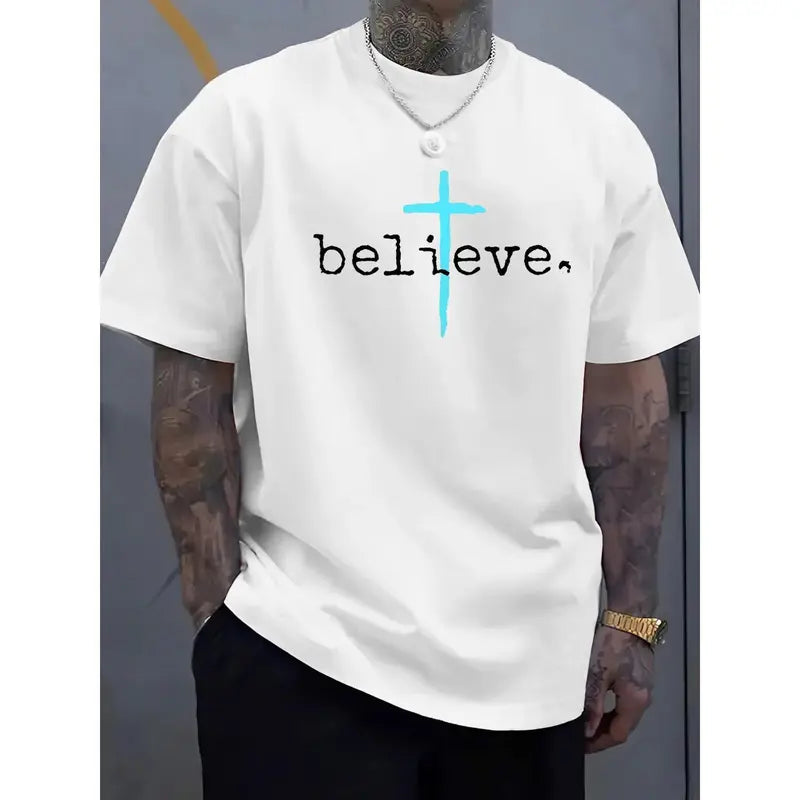 Believe" Cross Graphic Men's T-Shirt - Soft, Casual Round Neck, Ribbed Collar, Slight Stretch, All-Season Wear in Multiple Colors, Casual Summer Tee | Religious Fashion | Stylish Lettering