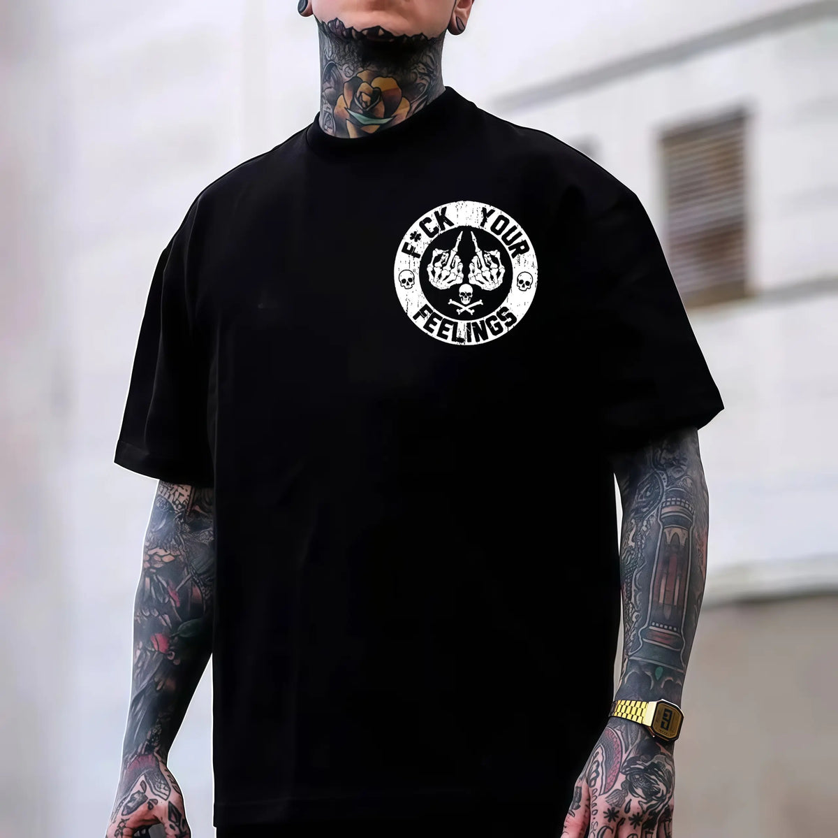Men's "F*ck Your Feelings" Skull Graphic T-Shirt, Short-Sleeve Round Neck Loose Menswear, Bold Statement Limited Edition Fashion Streetwear Casual Angel Tee tiktokshopspringglowup,summervibes Cotton Tops Black Crewneck Tropical