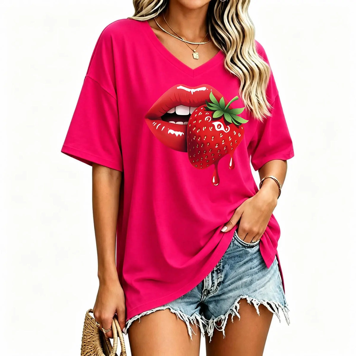 Women S Casual T Shirt Featuring Strawberry Lip Print Comfortable Fit Short Sleeve Machine Washable Ideal for Spring Summer and Fall Perfect Gift for Sisters