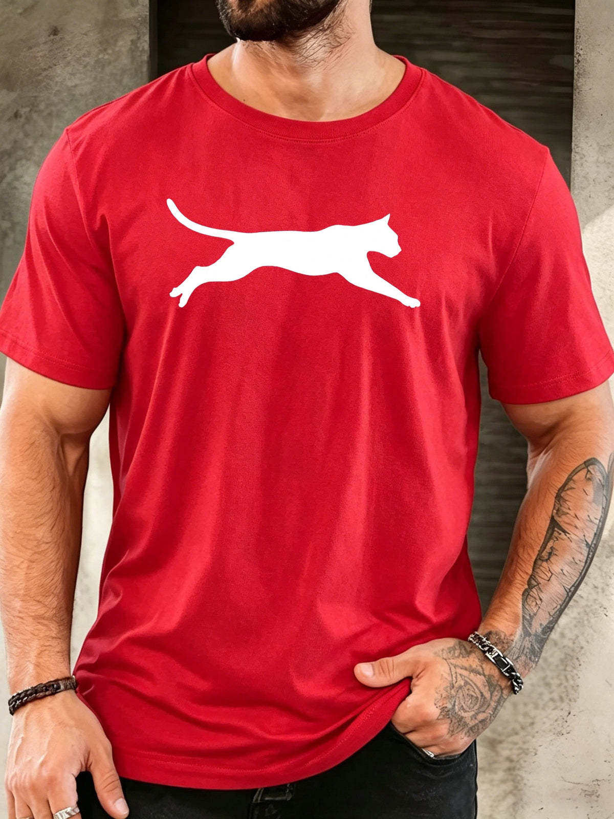 Gym Outdoor Men Breathable Short Sleeve Clean Solid Sprint Cheetah Minimal Wild Animal Outline Soft Loose Commute Top