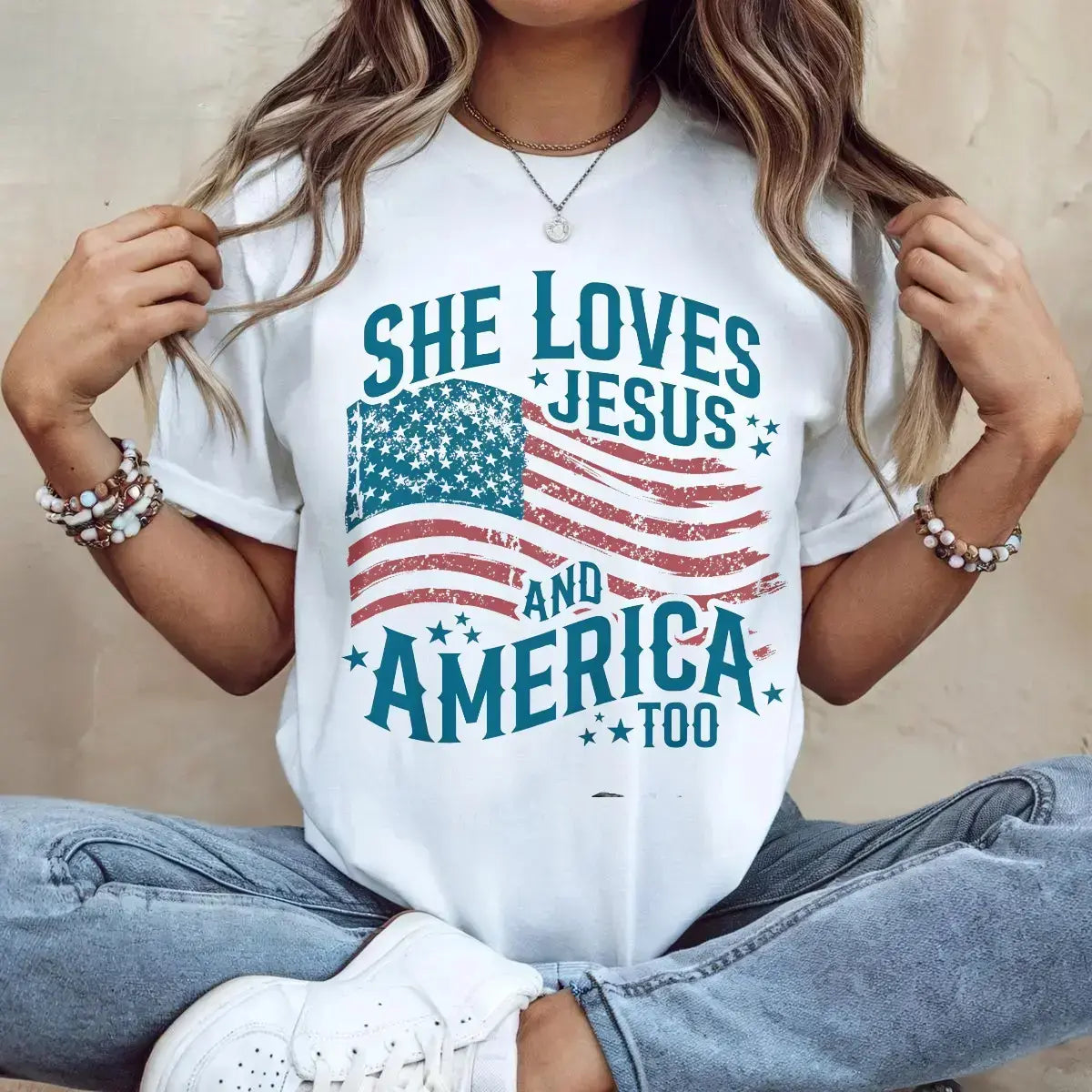 Women's Casual Cotton Comfortable Fit Patriotic 4th Of July T-Shirt - Christian "She Loves Jesus And America Too" Retro USA Flag Tops