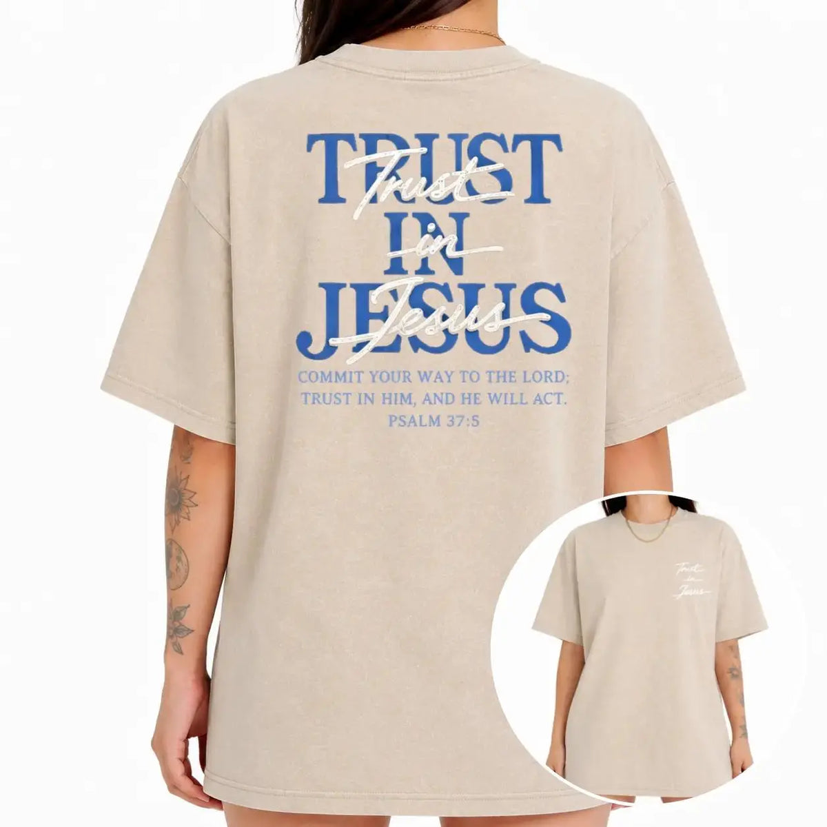 Women's Cotton Oversized Round Neck Casual Tshirt Top - Psalm 37:5 "Trust in Jesus" Bible Verse Design, Faith-Based Gift for Ladies,sohochic