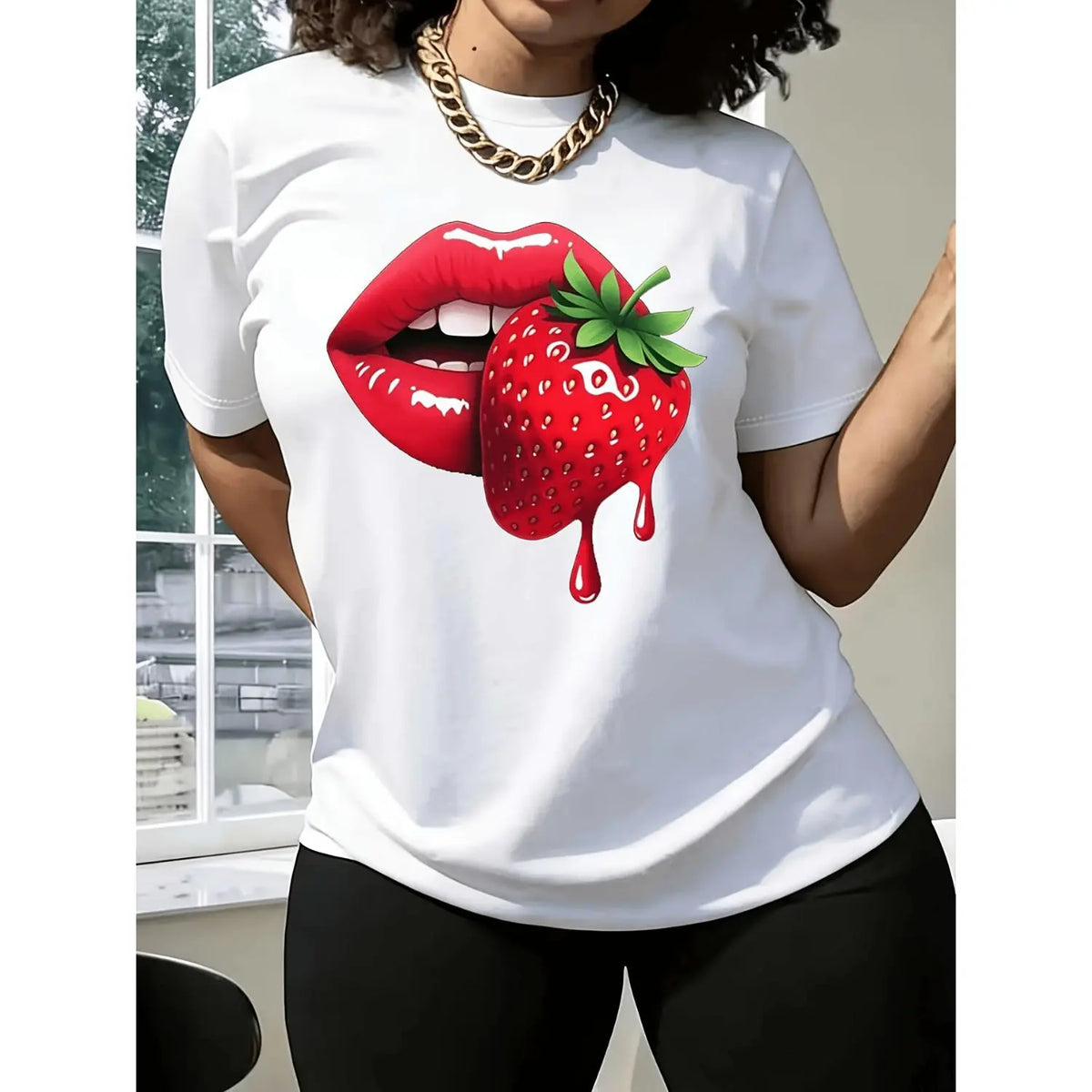 Women S Casual T Shirt Featuring Strawberry Lip Print Comfortable Fit Short Sleeve Machine Washable Ideal for Spring Summer and Fall Perfect Gift for Sisters