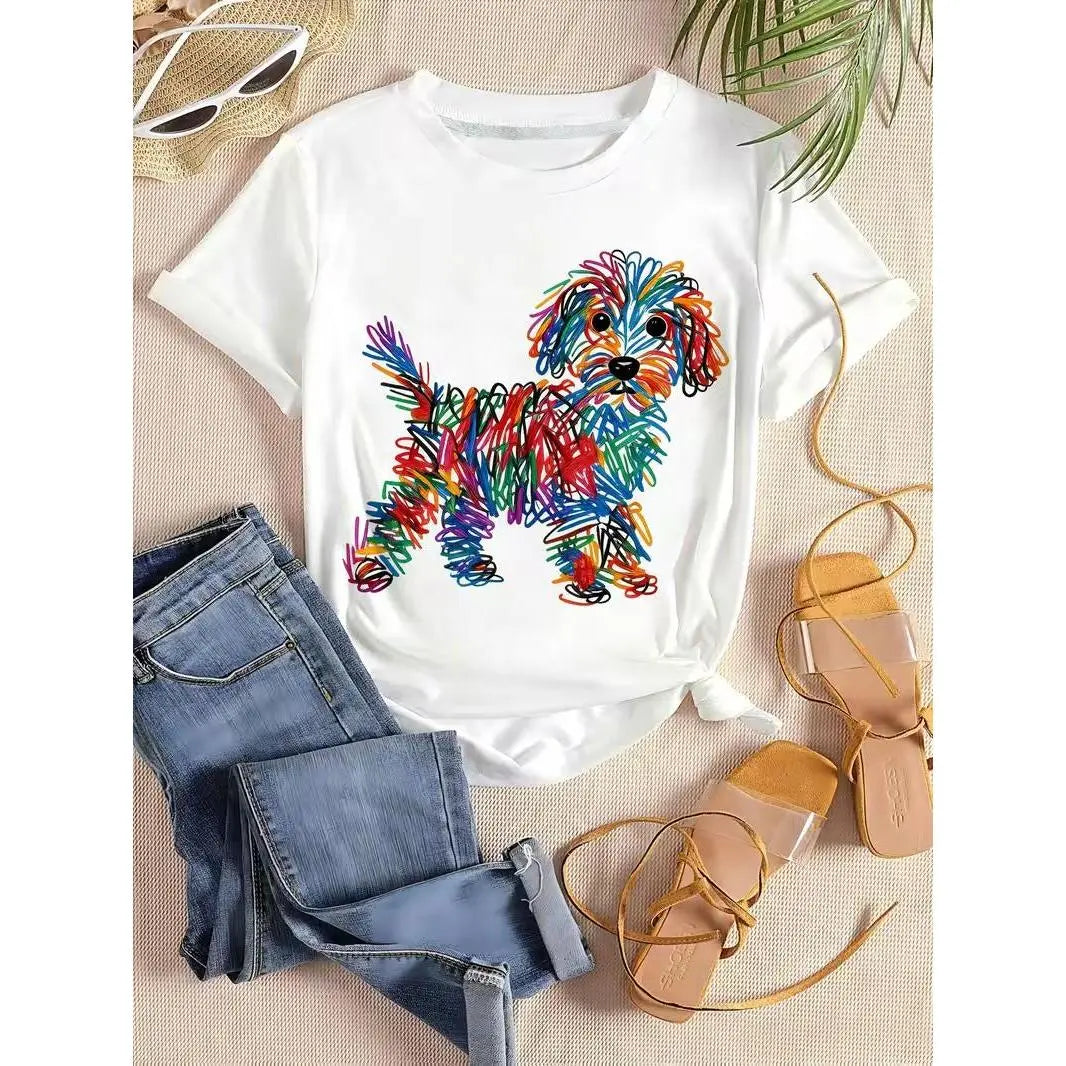 Women's Casual Basic Short-Sleeve Graphic Tee - Rainbow Scribble Poodle Doodle Puppy Print, Pet Lover Art Aesthetic, Streetwear Top, T Shirts for Women,sohochic
