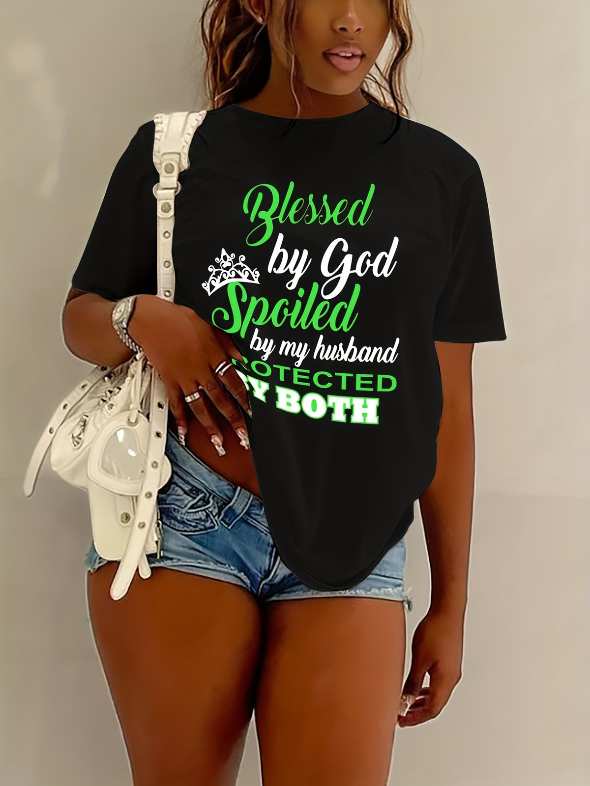 Women'S Casual Graphic Tee - "Blessed by God, Spoiled by My Husband" Print, Short Sleeve, Round Neck, Summer T-Shirt in White