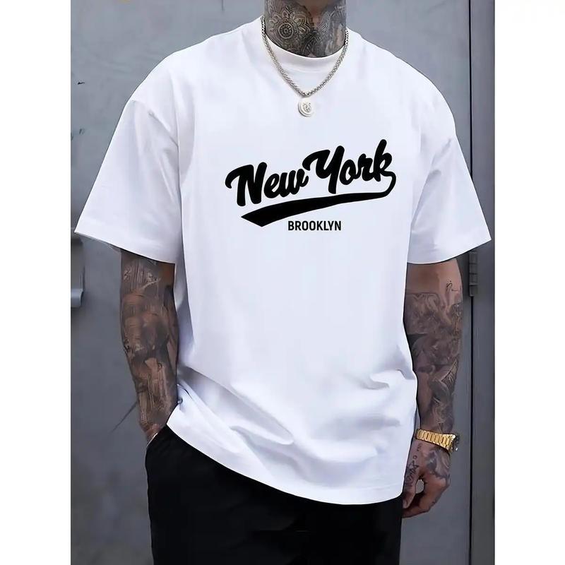 Men's Classic Casual Short Sleeve Round Neck Regular Relaxed Fit New York Brooklyn Print Graphic 100% Cotton Tshirt - Comfy, Breathable Fabric, Durable Print, Machine Washable Menswear Urban Streetwear