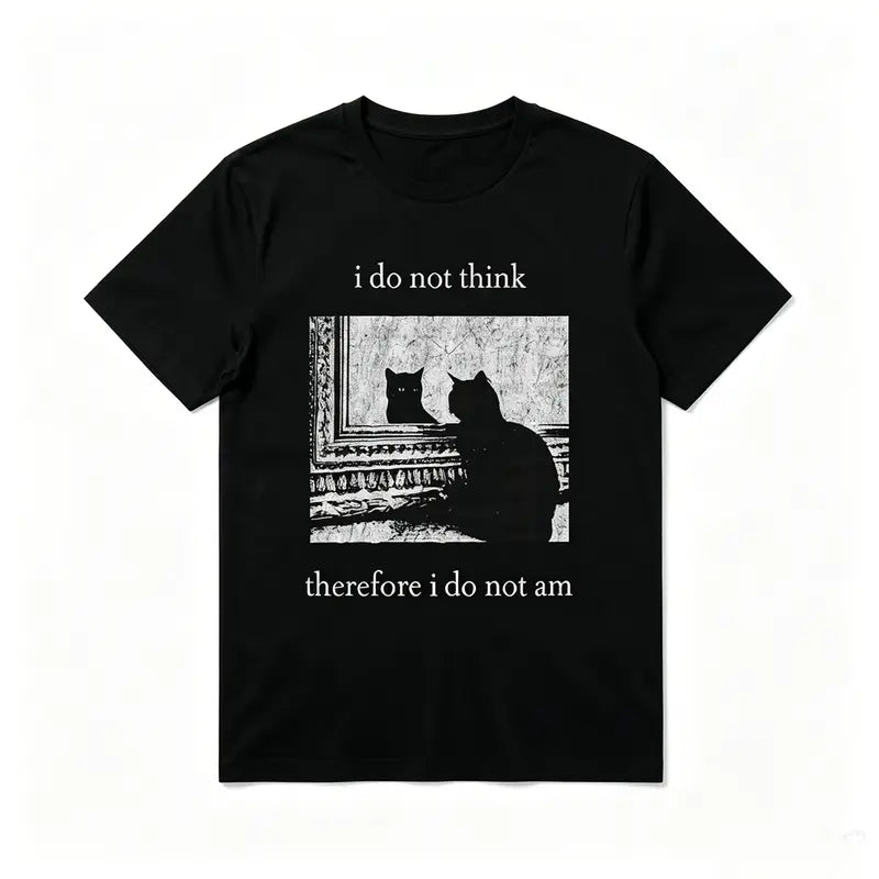Men's Streetwear Regular Fit Casual Style Tee - Vintage Cat Philosophy Graphic, Relaxed Crew Neck, Short Sleeve, Lightweight Breathable Cotton-Polyester Blend, Machine Washable, No-Irritation All-Season Menswear Top