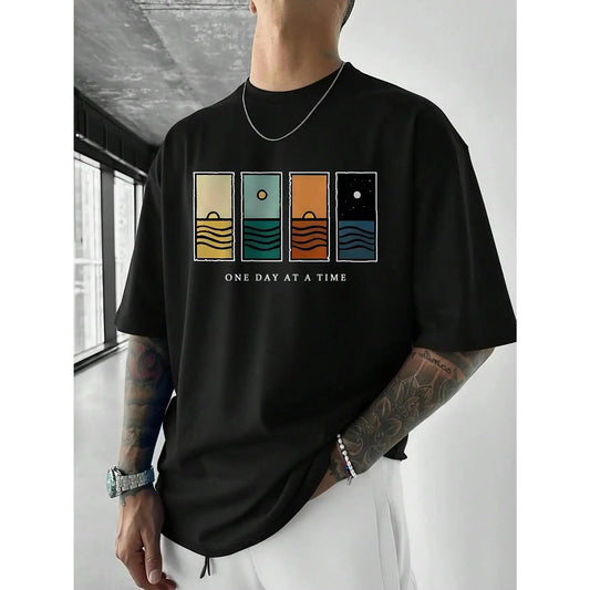 Men's Casual Polyester Short-Sleeve Round Neck T-Shirt - Menswear Stretch Top, Simple Graphic Print, Breathable Fabric, Ideal for Summer Sports & Outdoor Wear