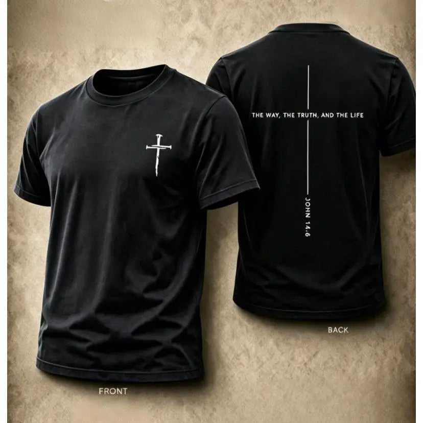 Men's Christian Cross Print Short-Sleeve Cotton Fabric T-Shirt, Faith-Based Bible Verse John 14:6, Soft Breathable Streetwear Menswear for Summer Daily Wear Religious Apparel Crewneck,sohochic