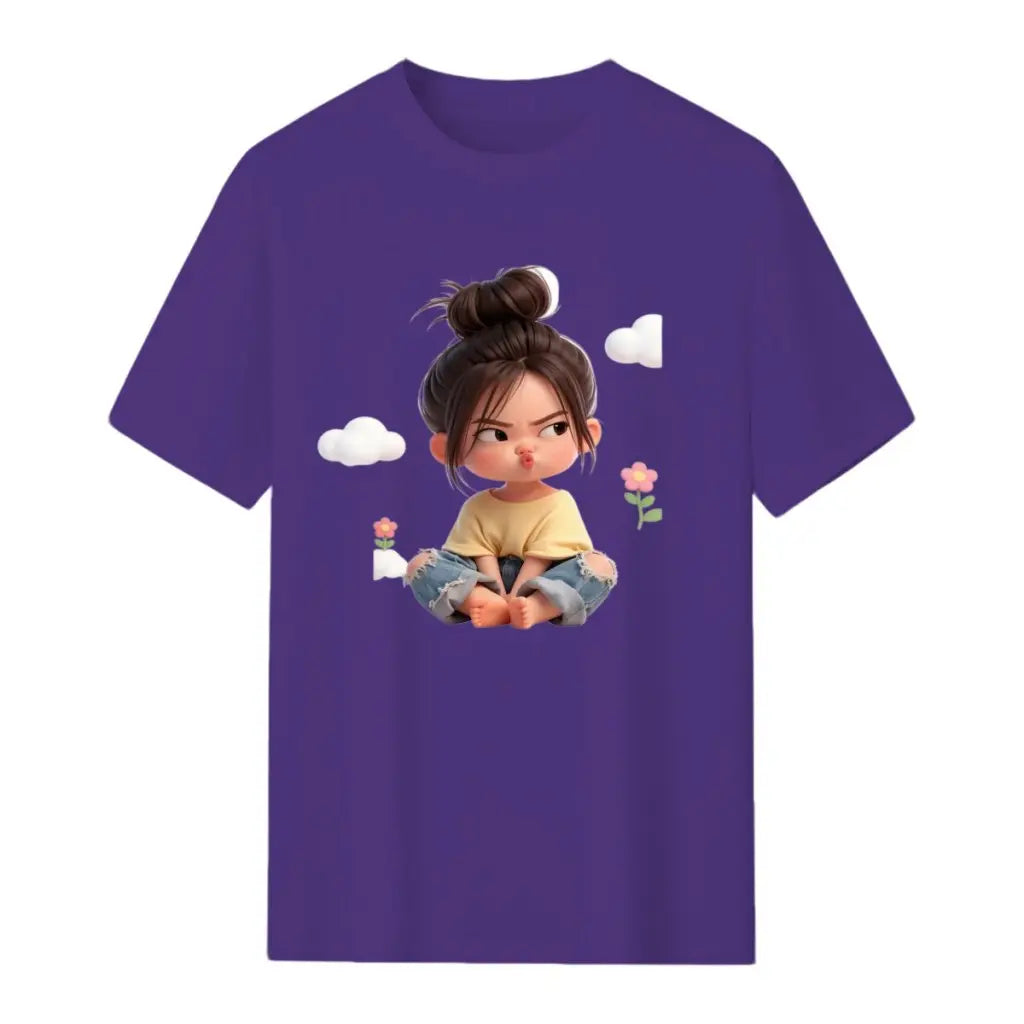 Women's Premium Cotton Cartoon Girl & Clouds Graphic T-Shirt - Short Sleeves, Crew Neck, Fitted, Elastic, Comfortable, Blush Pink Aesthetic, Casual Girly Tops, Valentine's Day Colorful Style All Seasons Beach Tee Sohochic, Valentines Day, Cartoon Style