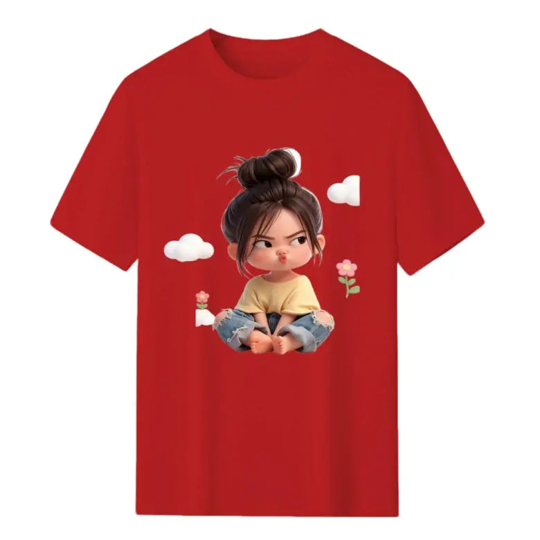 Women's Premium Cotton Cartoon Girl & Clouds Graphic T-Shirt - Short Sleeves, Crew Neck, Fitted, Elastic, Comfortable, Blush Pink Aesthetic, Casual Girly Tops, Valentine's Day Colorful Style All Seasons Beach Tee Sohochic, Valentines Day, Cartoon Style