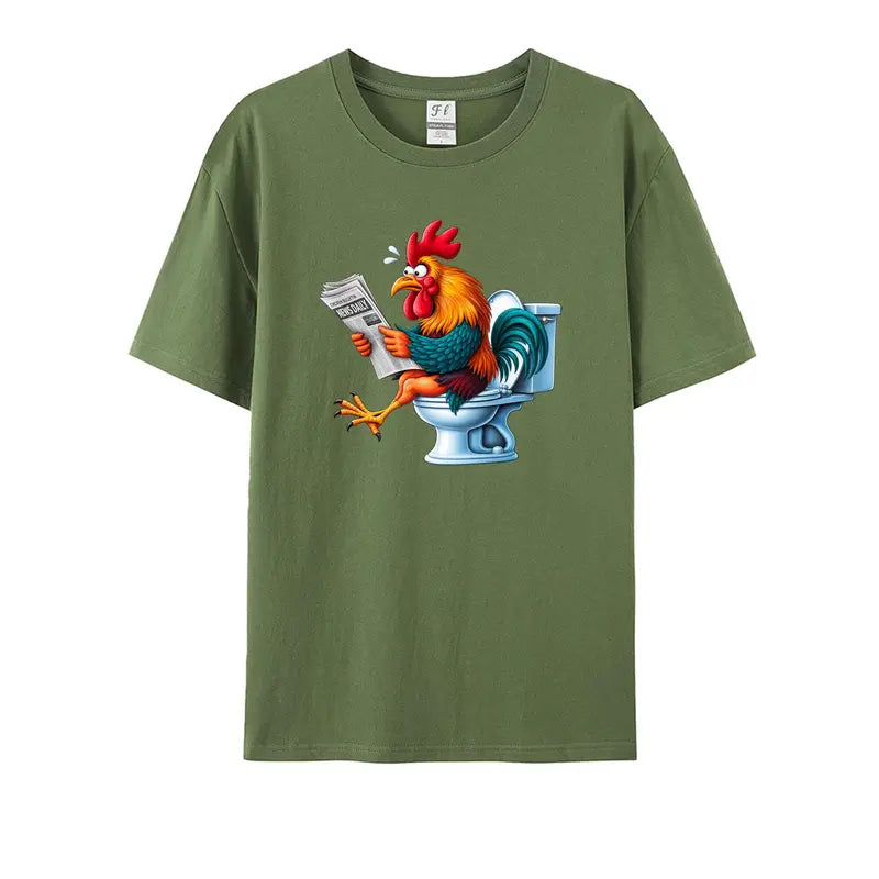 Men's Funny Rooster On Toilet Reading Newspaper Graphic Menswear T-Shirt - Oversized, Casual Short-Sleeve Humor Cartoon Print Streetwear Tops, Tshirt
