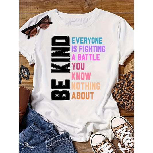 Women's "Be Kind" T-Shirt, Casual Crew Neck Garment with Inspirational Quote Digital Print, Short Sleeve All-Season Top, Unisex, Clothes, T Shirts, Loose, Women's Clothes, Graphic Tee, Casual Wear