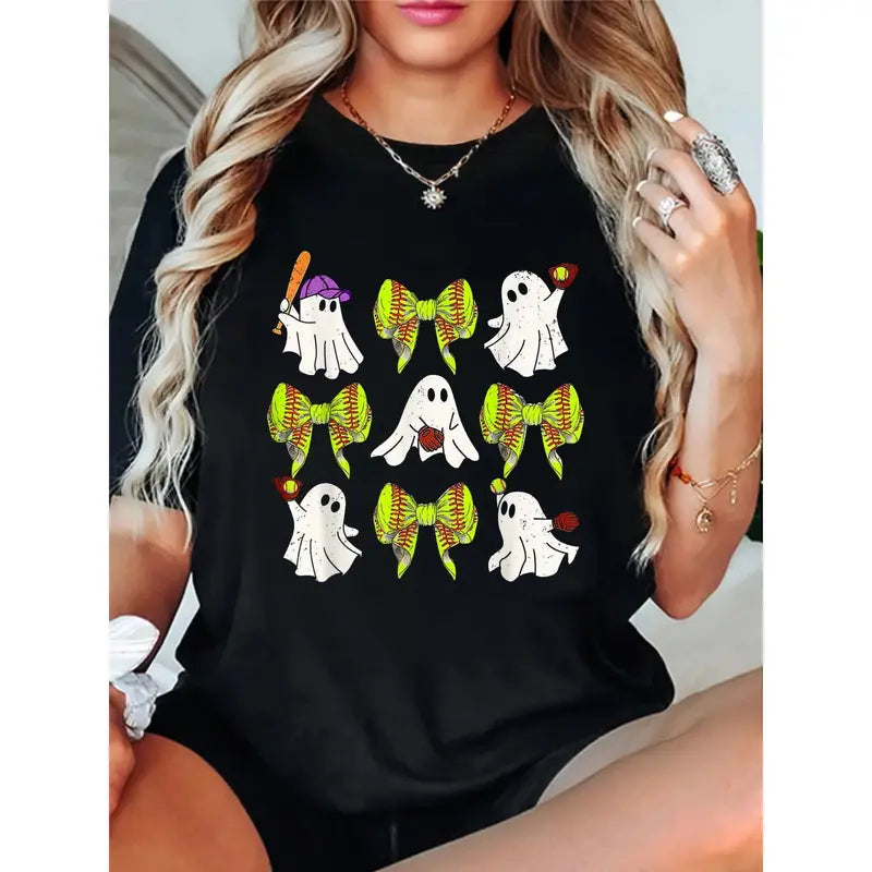 Men's Halloween Softball Ghost Graphic T-Shirt - Short-Sleeve, Breathable Casual Fabric, Comfortable Fit for Dads; Women's Version for Mamas, Daughters, Girls