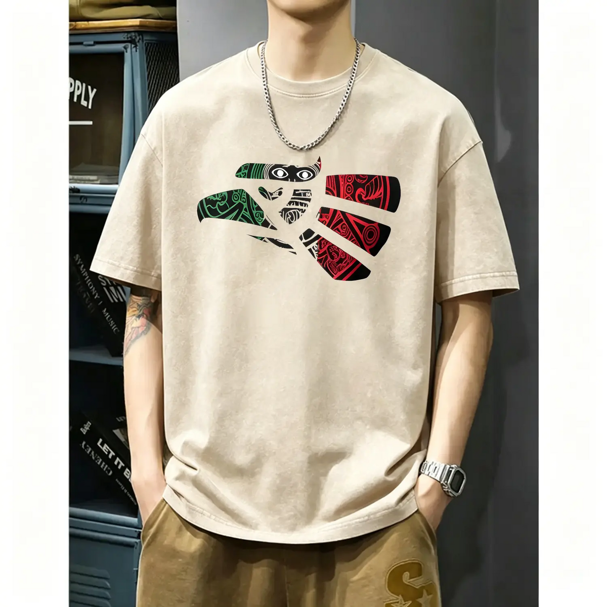 Latino Heritage Cotton T-shirt Featuring Green White Red Mexico Eagle Tribal Art Design with Mexico Flag Tattoo Eagle Theme for Men