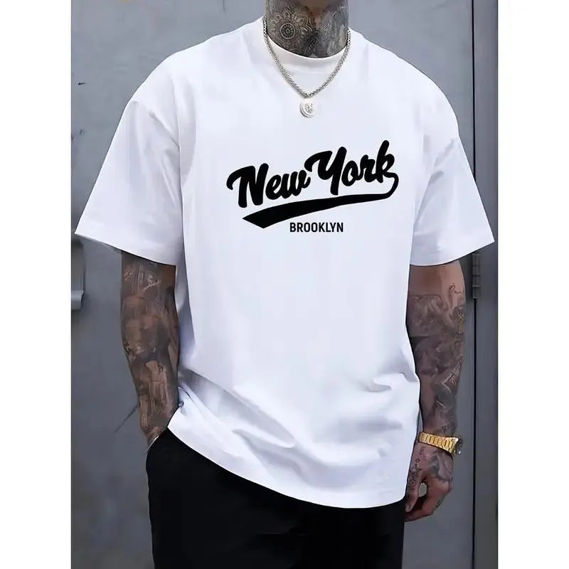 Men's Classic Casual Short Sleeve Round Neck Regular Relaxed Fit New York Brooklyn Print Graphic 100% Cotton Tshirt - Comfy, Breathable Fabric, Durable Print, Machine Washable Menswear Urban Streetwear