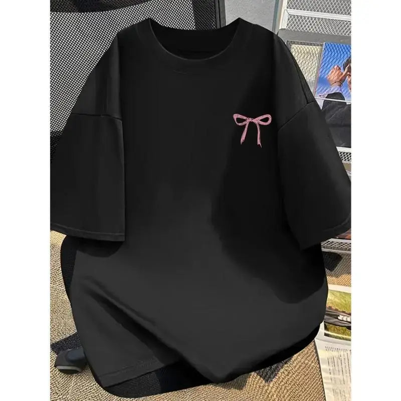 Women's Casual Round Neck Short Sleeve T-Shirt - Cute Pink Bow Print, Loose Fit, Lightweight, Fitted, Comfortable Apparel Top for Halloween, Summer (Black)