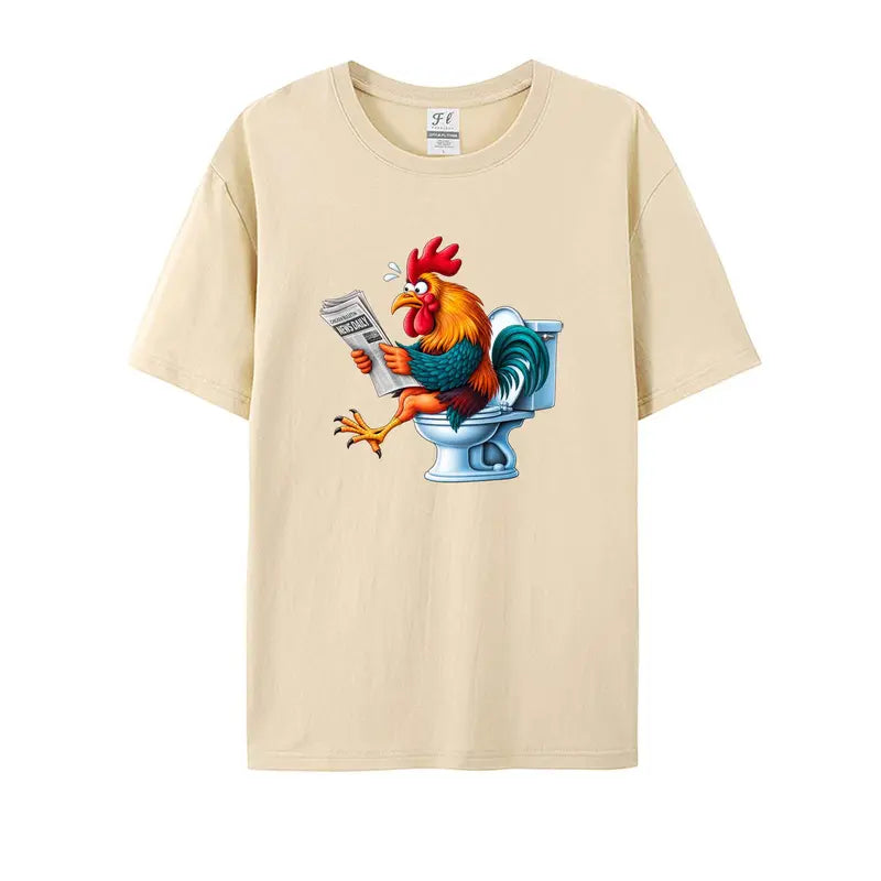 Men's Funny Rooster On Toilet Reading Newspaper Graphic Menswear T-Shirt - Oversized, Casual Short-Sleeve Humor Cartoon Print Streetwear Tops, Tshirt