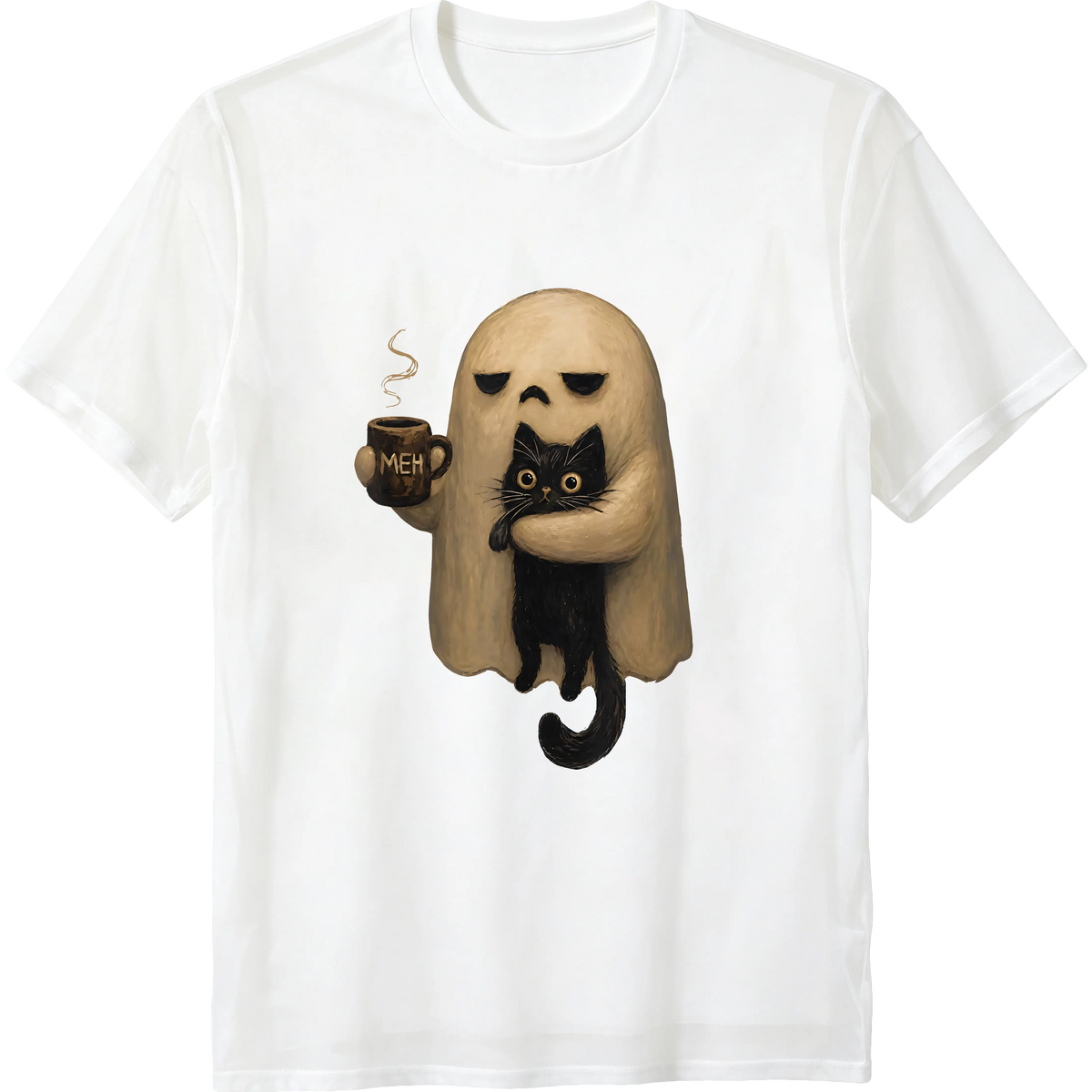 Halloween T-shirts, ChristmasSpooky Ghost Holding Black Cat Coffee Lover Funny Halloween