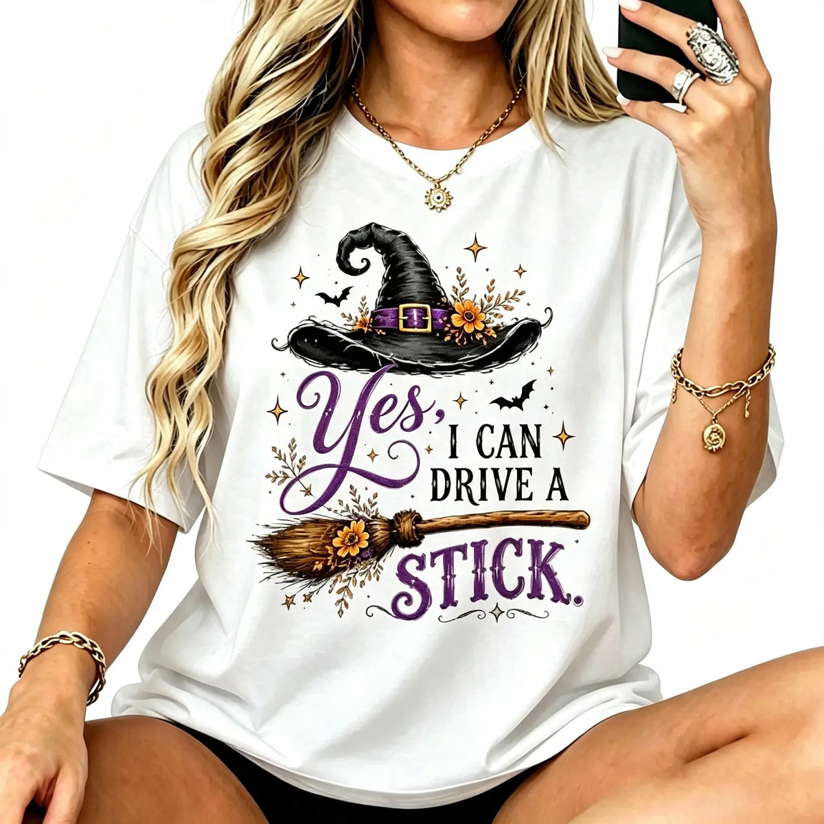 Women's Short-Sleeve Crew Neck Halloween Humor Graphic Tee - "Yes I Can Drive A Stick" Witch Hat Broom Print Casual Clothes, Funny Apparel Top,sohochic