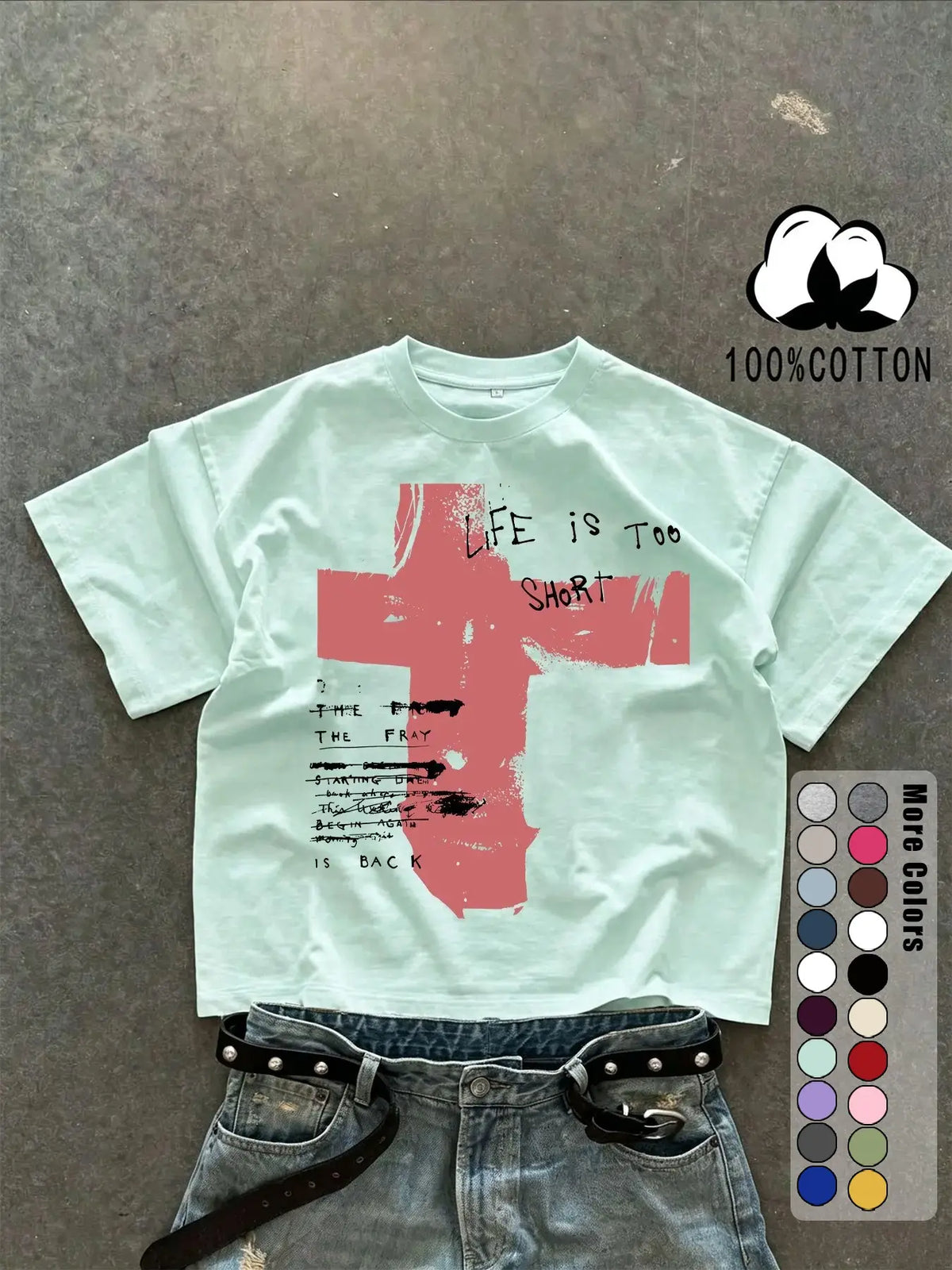 Unisex 100% Cotton Short Sleeve Round Neck T-Shirt, Cross Graffiti Print, Y2K Dark Gothic Street Style, Streetwear, Casual Daily Wear, Loose-Fitting, Long Length, Aesthetic