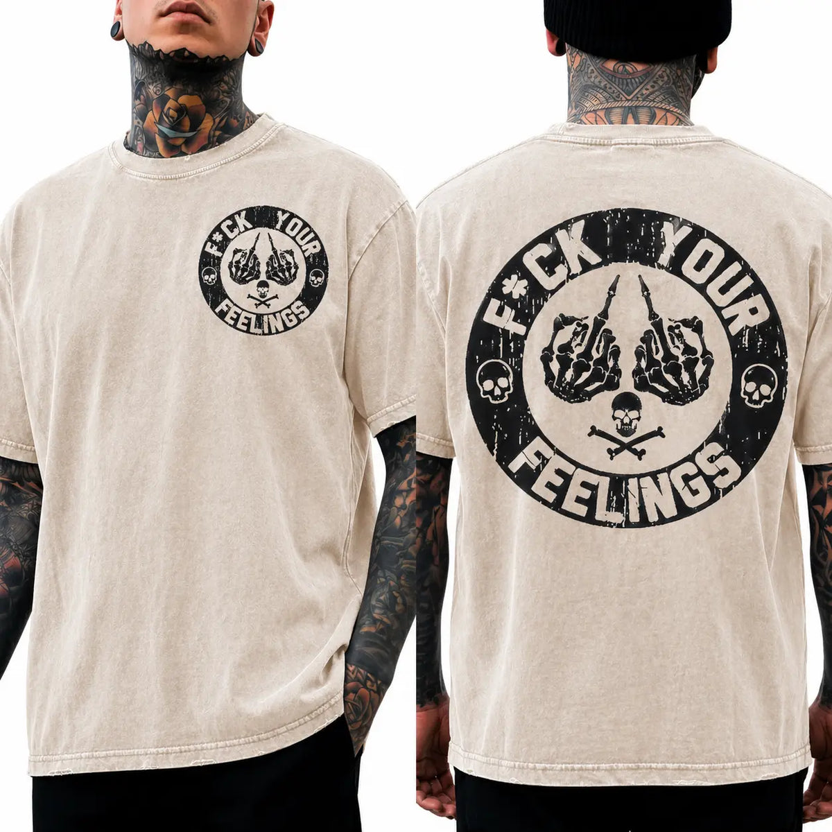 Men's "F*ck Your Feelings" Skull Graphic T-Shirt, Short-Sleeve Round Neck Loose Menswear, Bold Statement Limited Edition Fashion Streetwear Casual Angel Tee tiktokshopspringglowup,summervibes Cotton Tops Black Crewneck Tropical