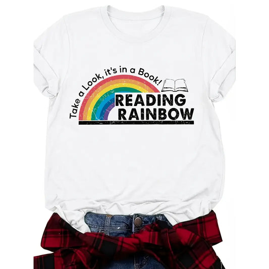 Women's Fitted Cotton Short-Sleeve Rainbow Tee Trendy Graphic Shirts Soft Breathable Casual Summer Graphic Tops, Valentine's Day Teacher Shirt for Reading Lovers, Streetwear Top,sohochic