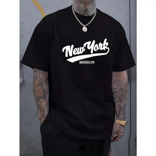 Men's Classic Casual Short Sleeve Round Neck Regular Relaxed Fit New York Brooklyn Print Graphic 100% Cotton Tshirt - Comfy, Breathable Fabric, Durable Print, Machine Washable Menswear Urban Streetwear