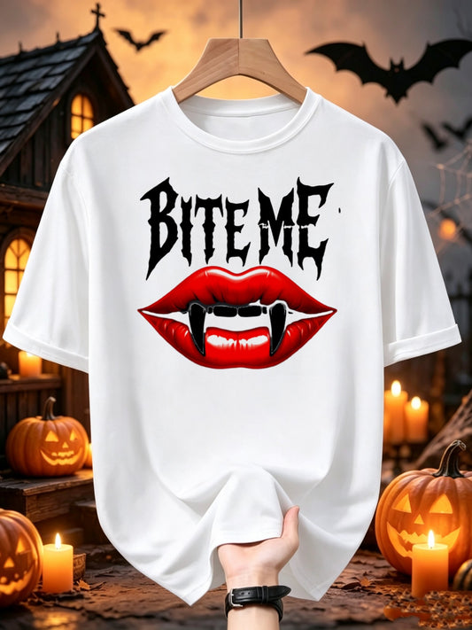 California Republic unisex'S Men'S Style Tshirt Gothic BITE ME Vampire Lips Bat Print Unisex Casual Round Neck for Halloween Costumes Christmas Gifts Year Top for Daily Activities Crew Neck Dr retro casual round neck printed T-shirt unisex