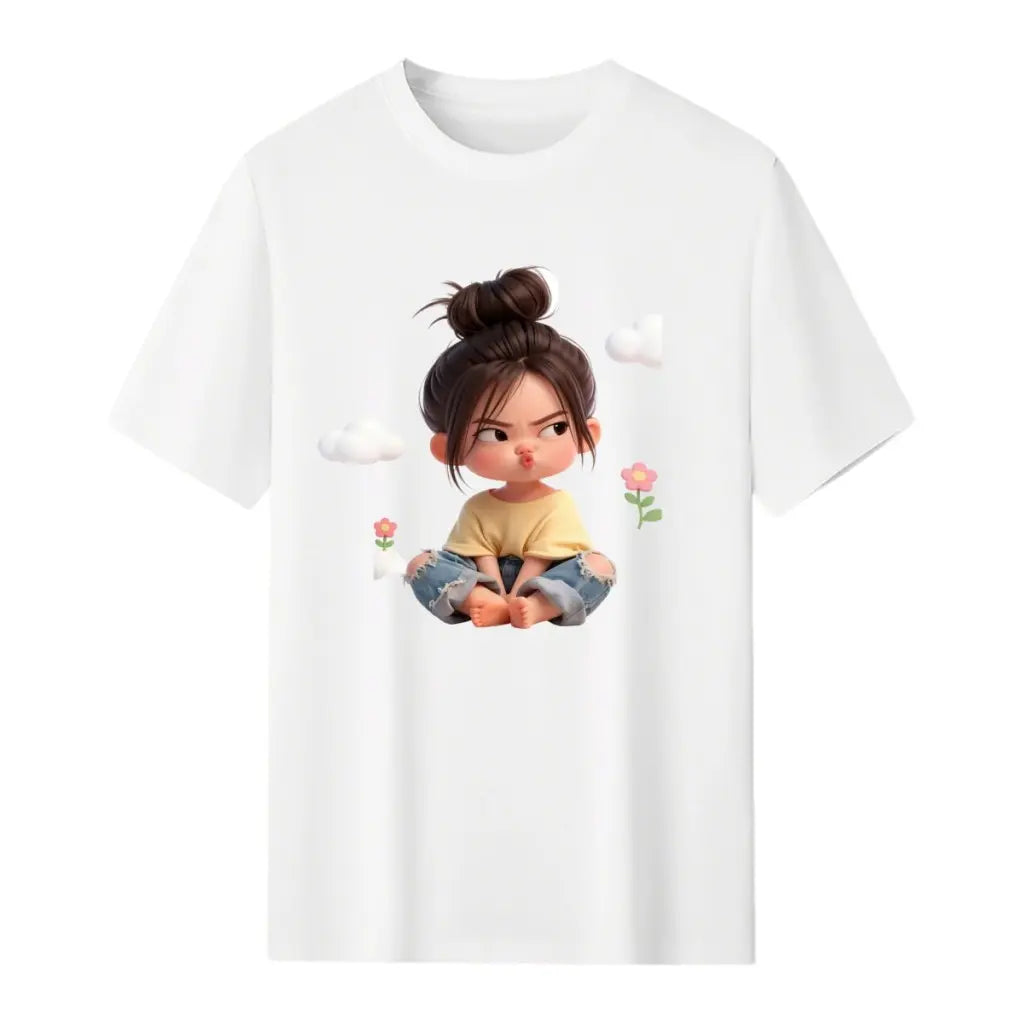Women's Premium Cotton Cartoon Girl & Clouds Graphic T-Shirt - Short Sleeves, Crew Neck, Fitted, Elastic, Comfortable, Blush Pink Aesthetic, Casual Girly Tops, Valentine's Day Colorful Style All Seasons Beach Tee Sohochic, Valentines Day, Cartoon Style