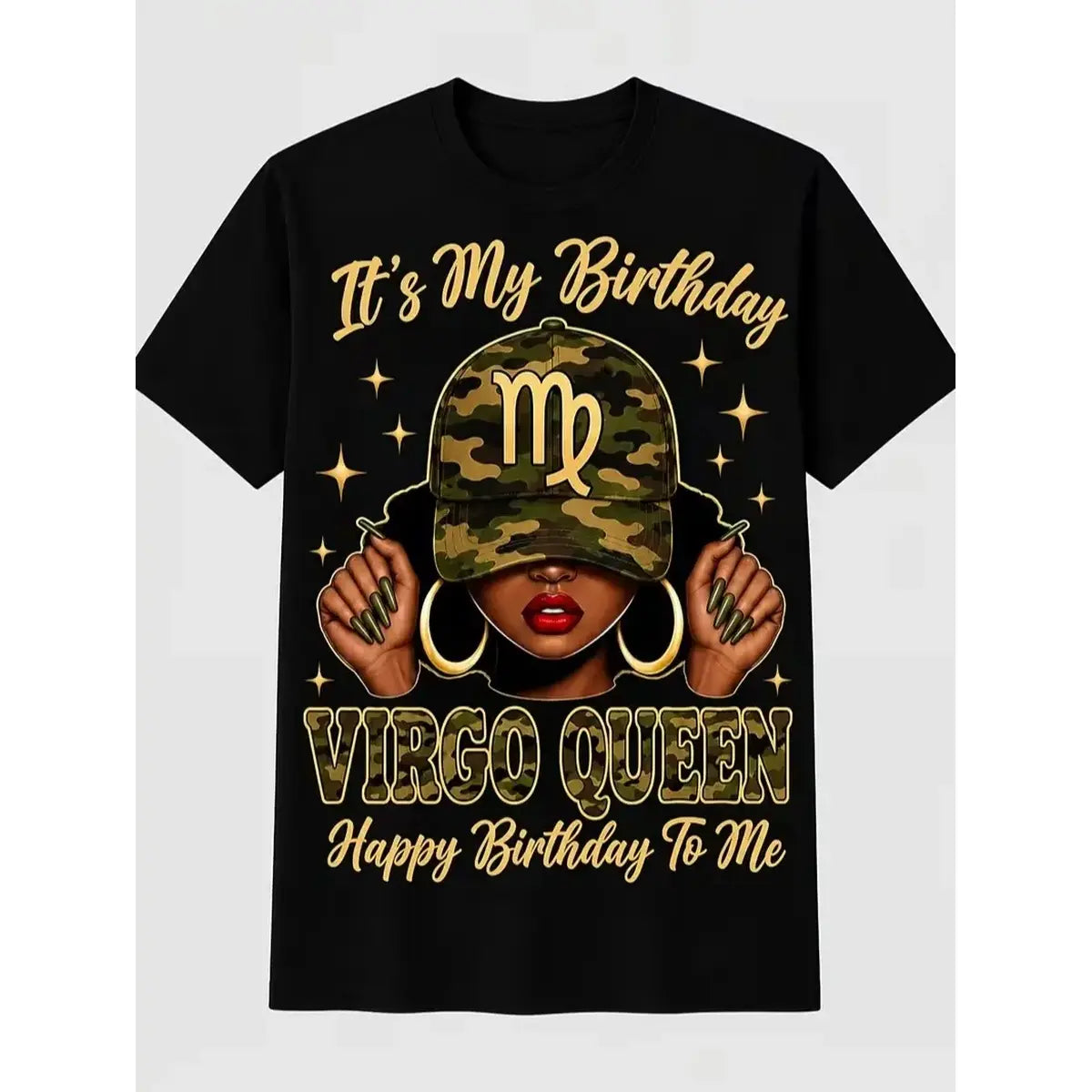 Women's Black Zodiac T-Shirt, Virgo Queen Camouflage Birthday Graphic Tee, Elegant Astrology Design for Birthday Parties, Casual Wear and Zodiac Gifts