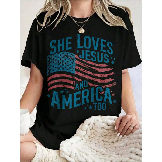 Women's Casual Cotton Comfortable Fit Patriotic 4th Of July T-Shirt - Christian "She Loves Jesus And America Too" Retro USA Flag Tops