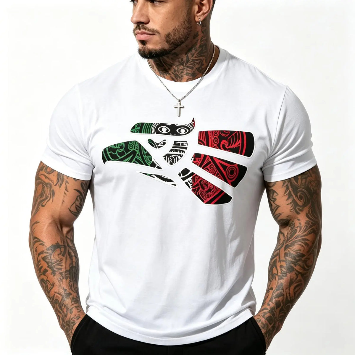 Latino Heritage Cotton T-shirt Featuring Green White Red Mexico Eagle Tribal Art Design with Mexico Flag Tattoo Eagle Theme for Men