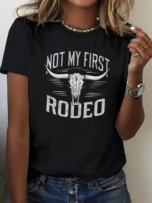 Women's Bull Skull Graphic Short-Sleeve Round Neck T-Shirt - 100% Soft Cotton Casual Summer Everyday Wear Tops