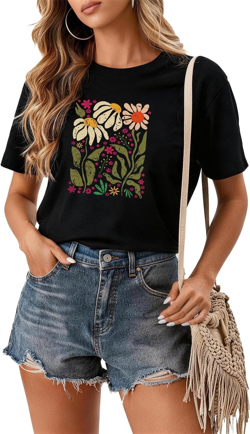 Rocksir Wildflower Shirt for Women,Vintage Floral Plant Graphic T-Shirts