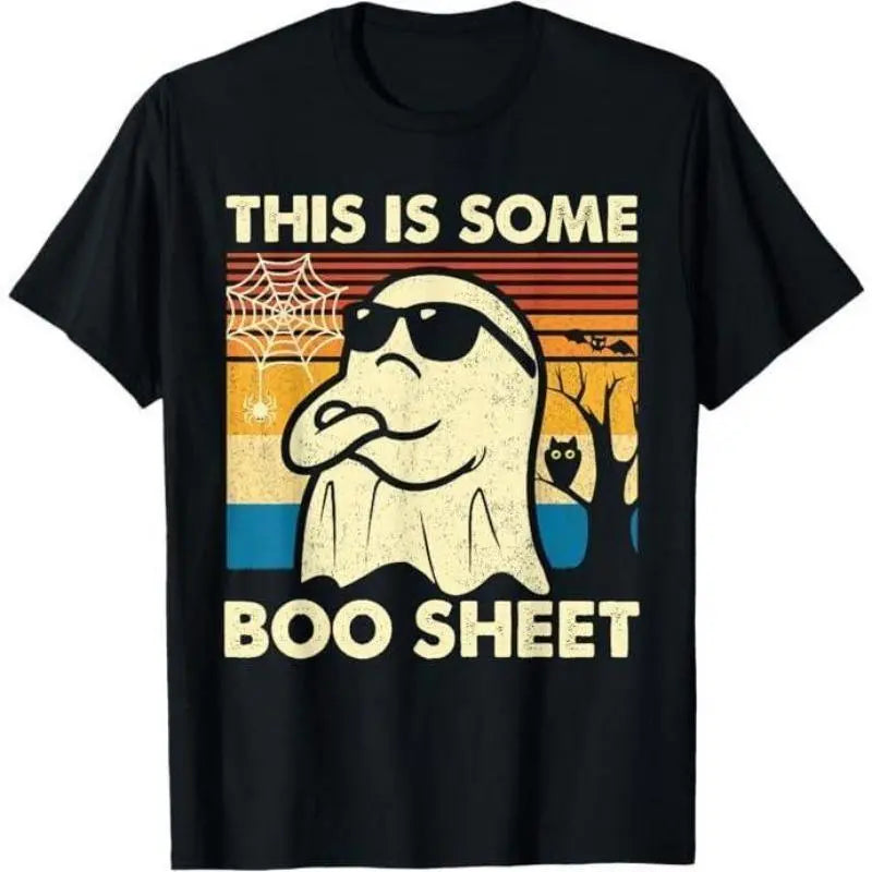 Mens Casual Round Neck Short Sleeve Graphics Halloween T-Shirt - "This is Some Spooky Sheet" Ghost Retro Design, Available in S-3XL