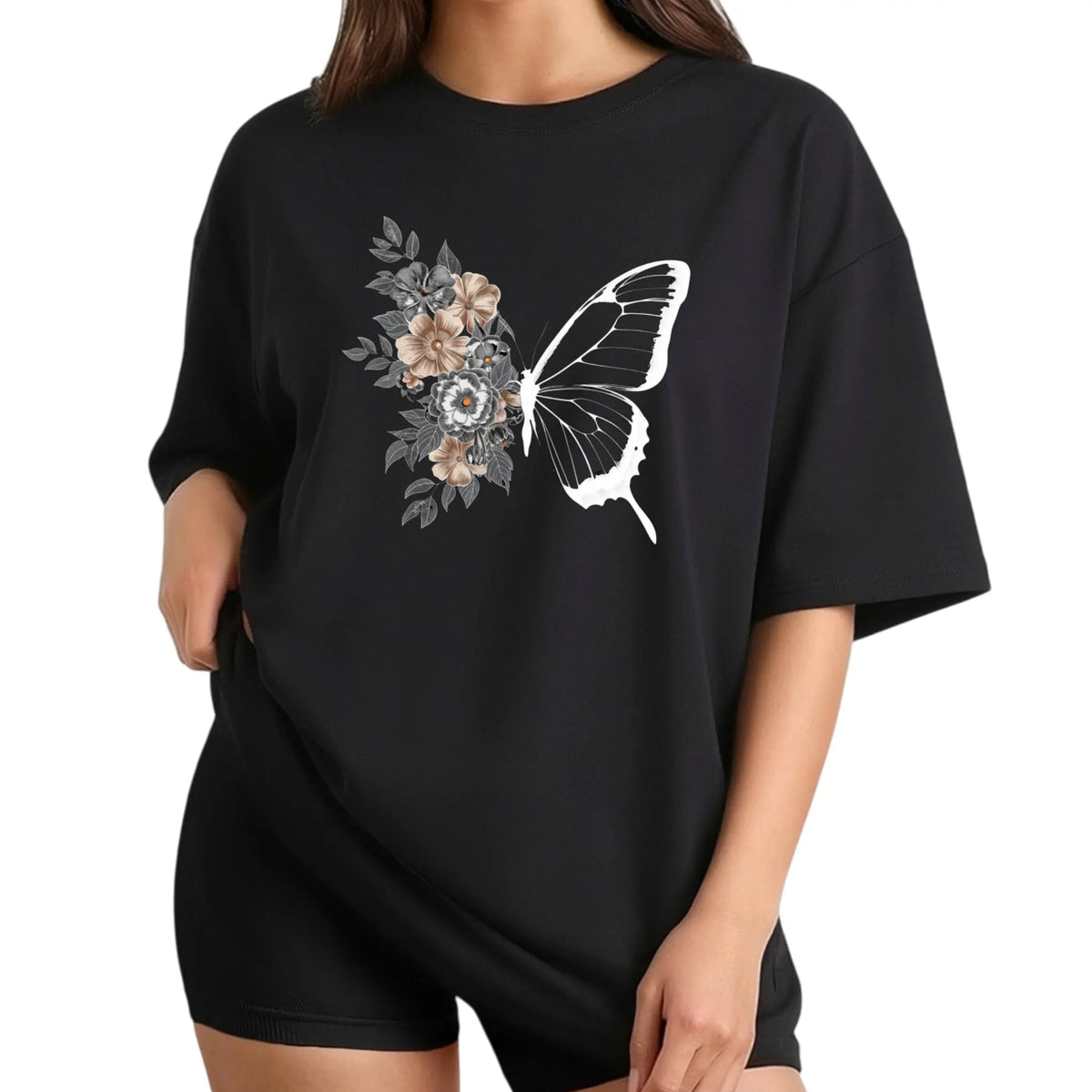 Women'S Comfortable T-Shirt | Monochrome Butterfly and Floral Wings Design, Casual Round Neck, Short Sleeve, Machine Washable, Black, Soft, Skin-Friendly, Unisex Clothing