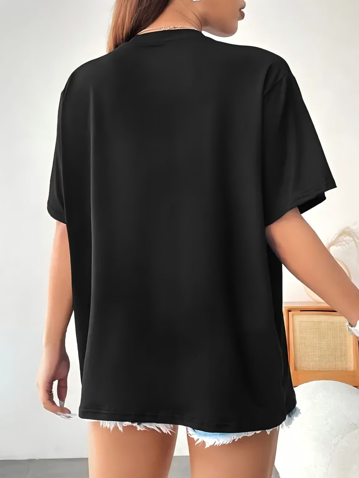 Ladies' Black Short Sleeve T-Shirt with Geometric Leaf Print | Pretty Little Pothead Design, Medium Elasticity, Machine Washable, Suitable for All Seasons, Casual Wear, Soft Texture, Crew Neck