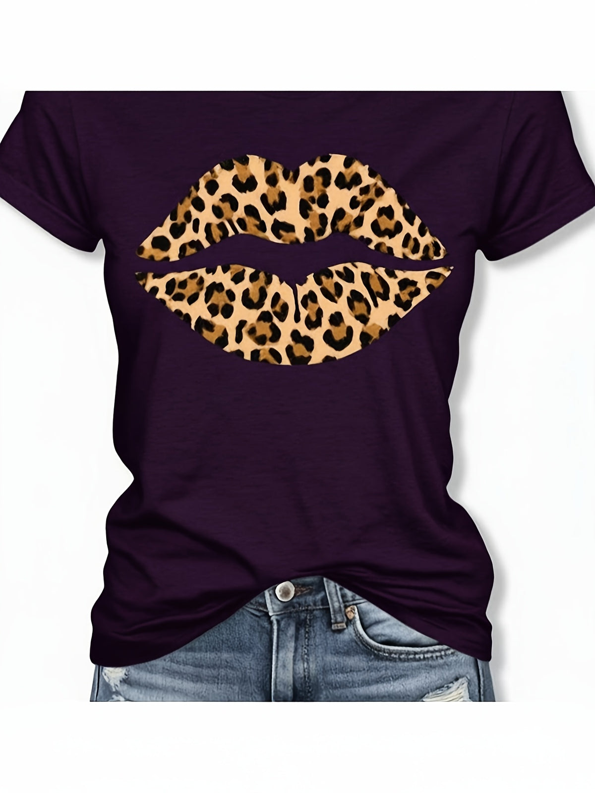 WoWomens Short Sleeve TShirt TShirt With Leopard Lips Printed Design Casual Round Neck Stretchy Soft Fabric Machine Washable Summer Fashion Top Trendy Attire Statement Tee Comforta